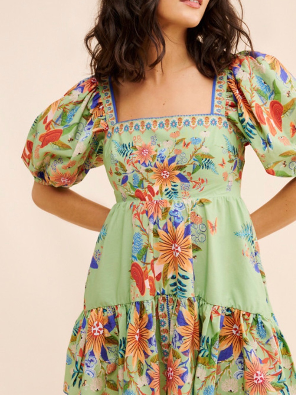 FARM Rio Light Green Floral Puff-Sleeve Mini Dress